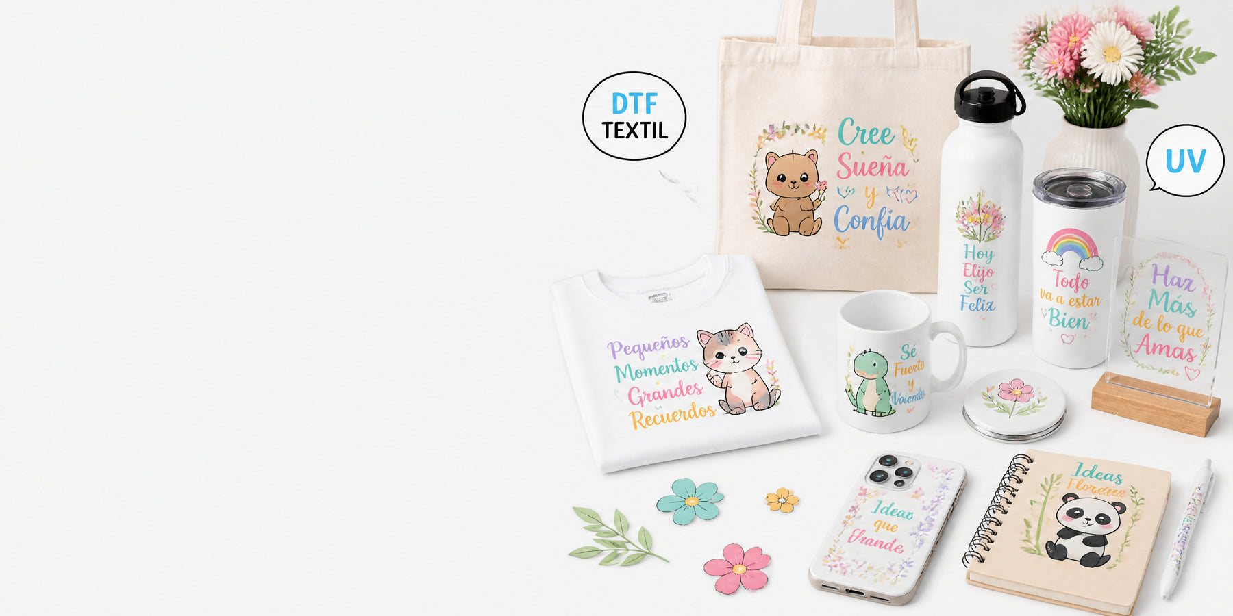 Productos DTF textil y UV listos para aplicar
